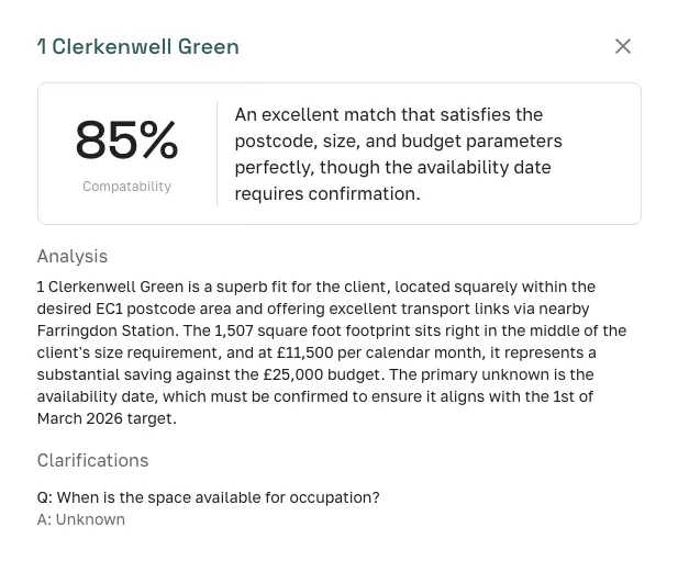 AI compatibility scoring ranking workspace matches against client requirements