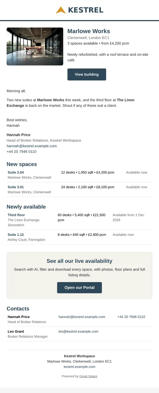 An availability bulletin in the Briefing design: rows of spaces with thumbnails, desks, size, price and availability.
