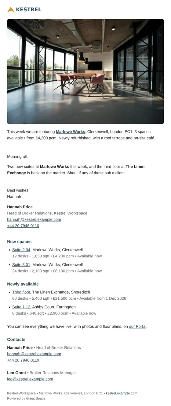 An availability bulletin in the Letter design: a short personal note with one building photo and spaces listed as lines of text.