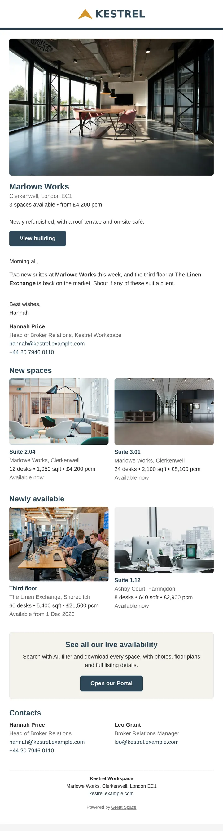 An availability bulletin in the Showcase design: the provider's brand band, a featured building photo, then space cards with photos, sizes and prices.