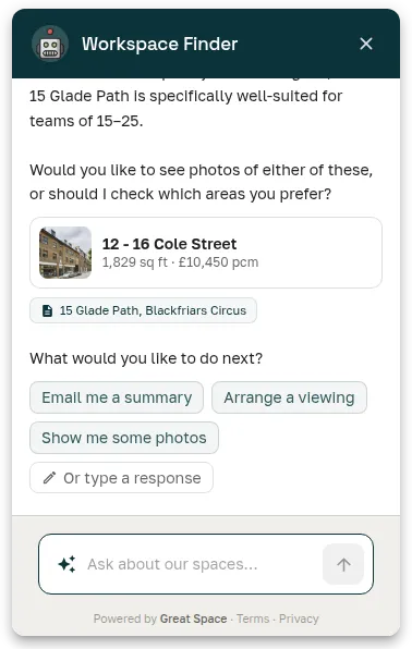 SpaceAI conversation — private offices for a team of 15