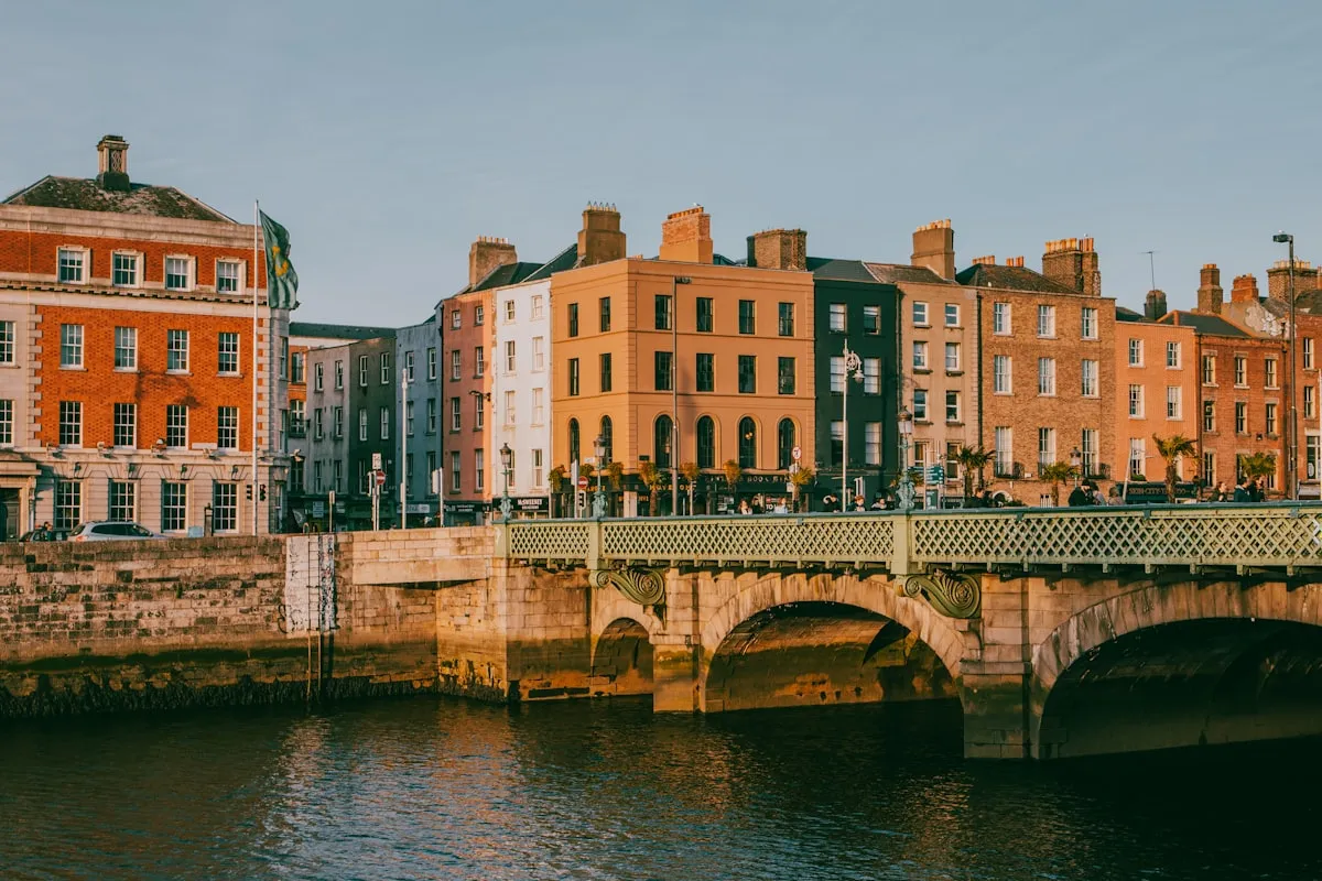A bridge over the River Liffey in Dublin, with the city behind