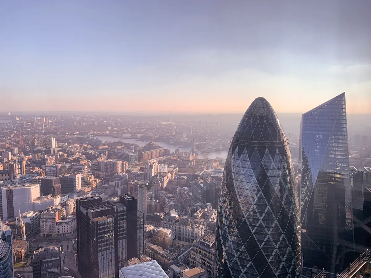 The London skyline of towers along the River Thames