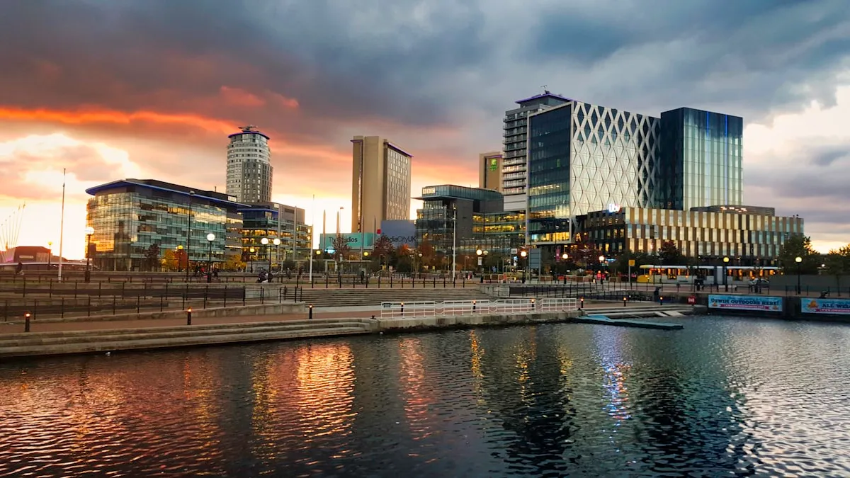 Sunset over MediaCityUK at Salford Quays, Manchester