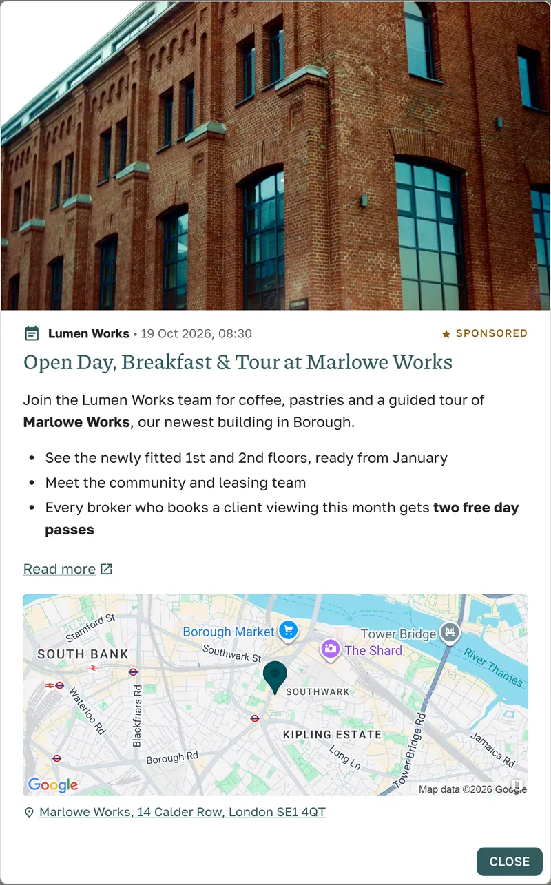 A sponsored event opened in Great Space: a cover photo, the Sponsored label, the host and time, a description, a Read more link and a map of the venue.