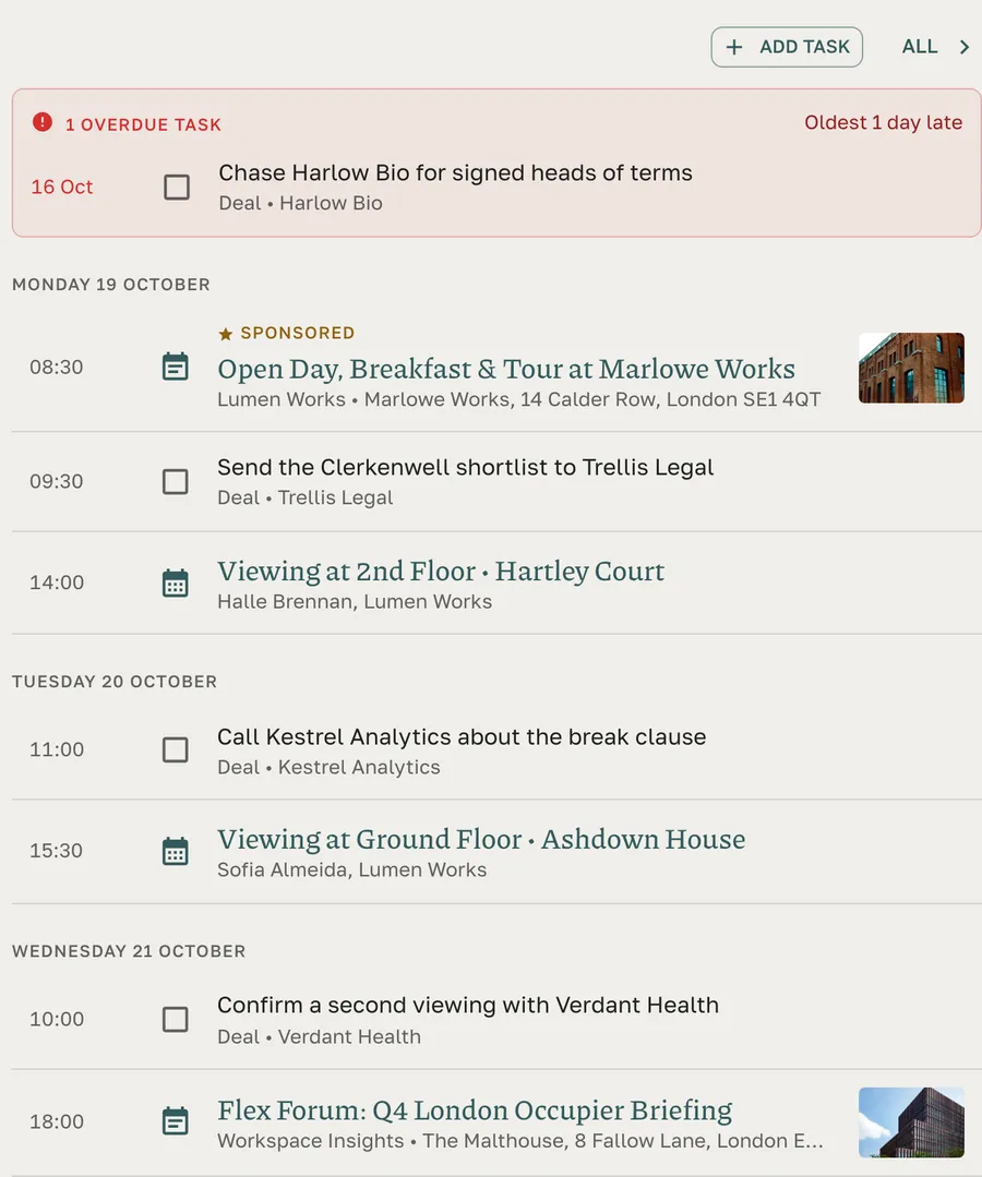 Your Week in Great Space: an overdue task, then Monday's sponsored open day at Marlowe Works, a task and a viewing, Tuesday's task and viewing, and Wednesday's industry briefing.