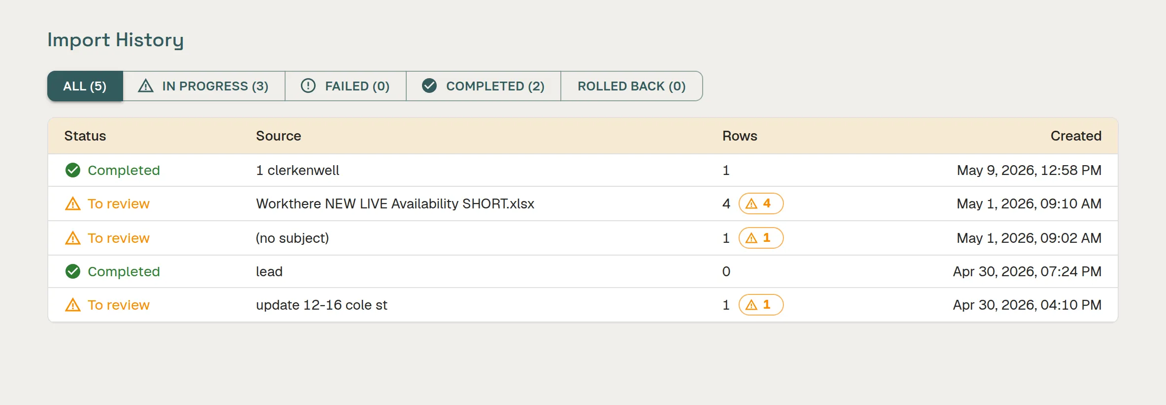 Great Space import history showing per-batch source, row counts, status and review state