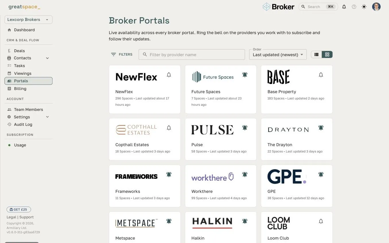 Broker Portals library showing subscribed providers with live space counts and last-updated times