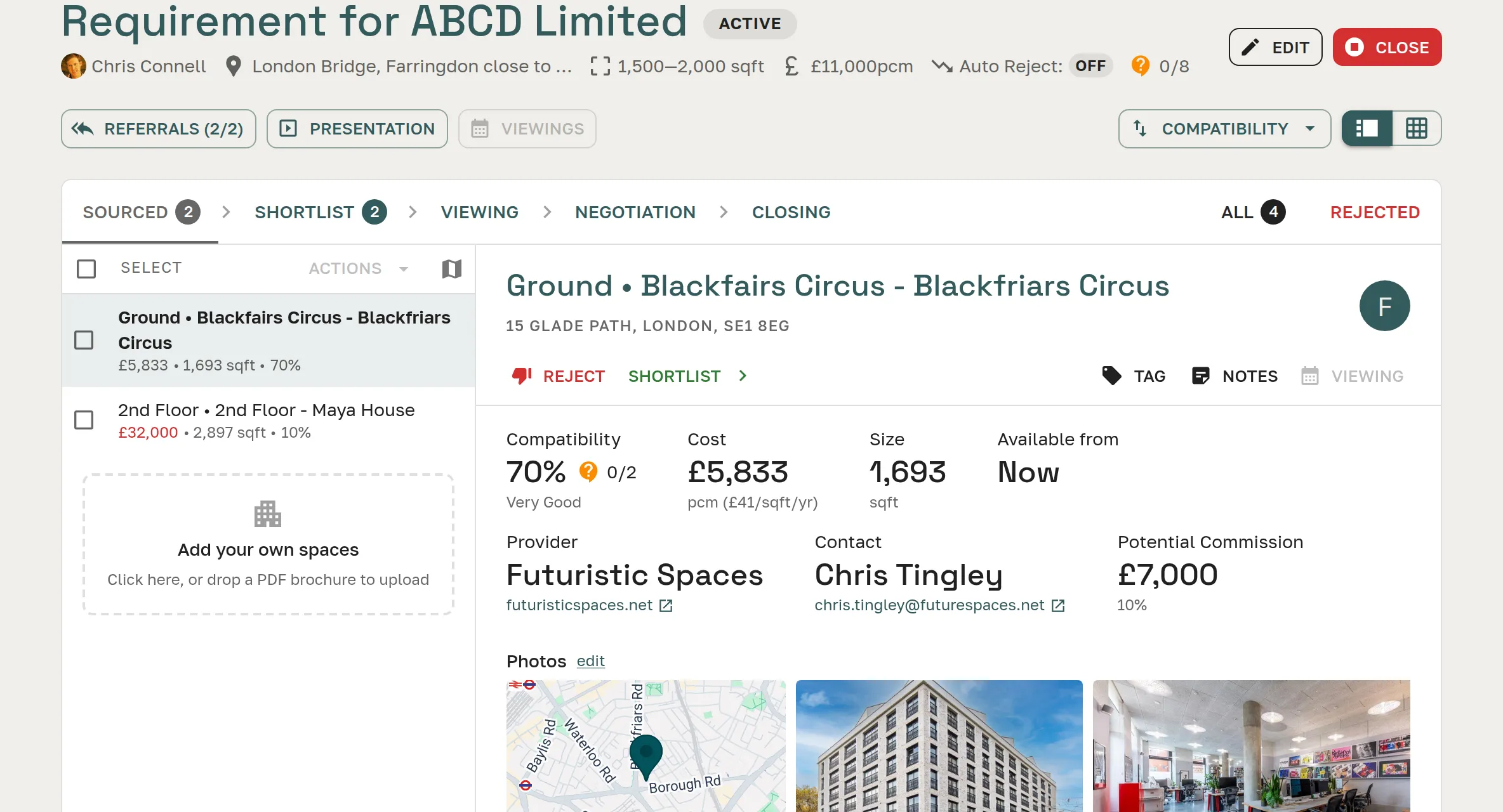 Requirements pipeline dashboard showing active deals at every stage from Sourced to Closing