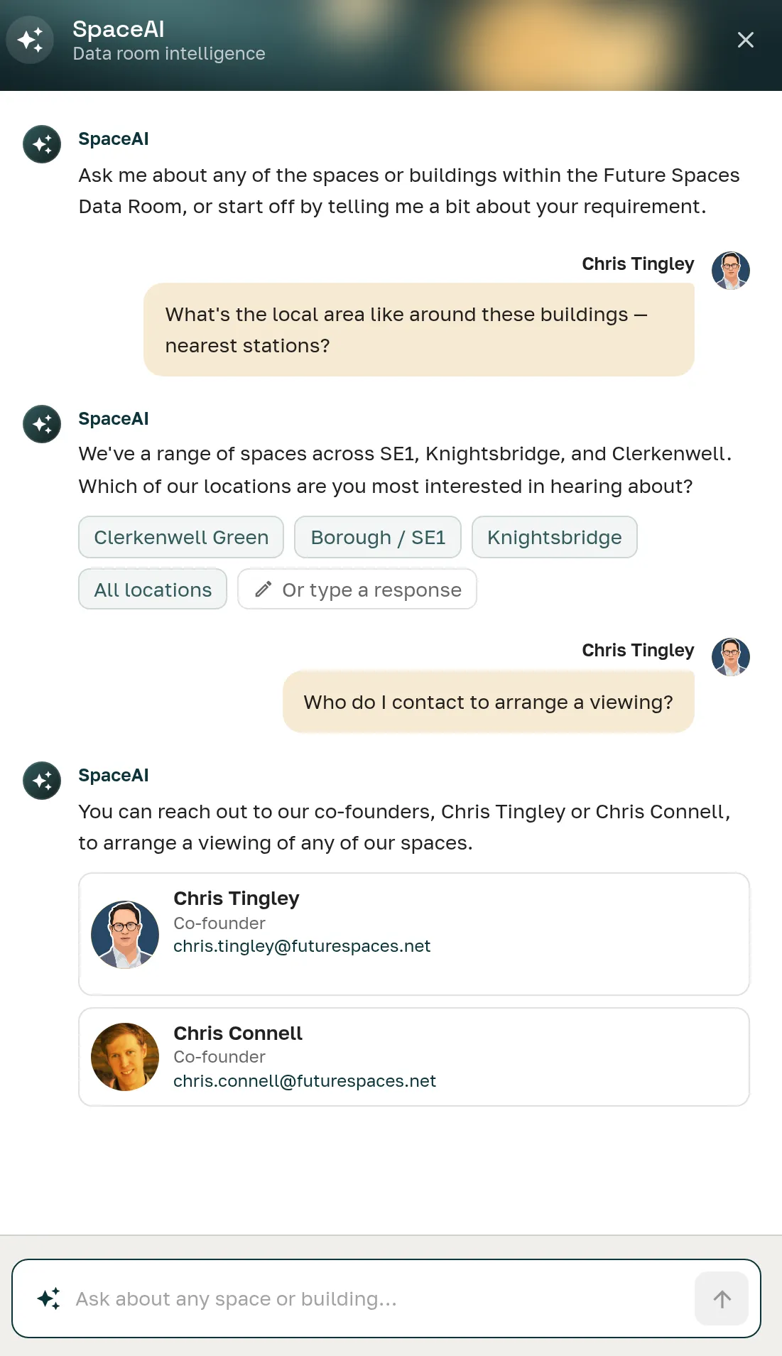 SpaceAI Portal assistant answering local-area questions and returning viewing contact cards