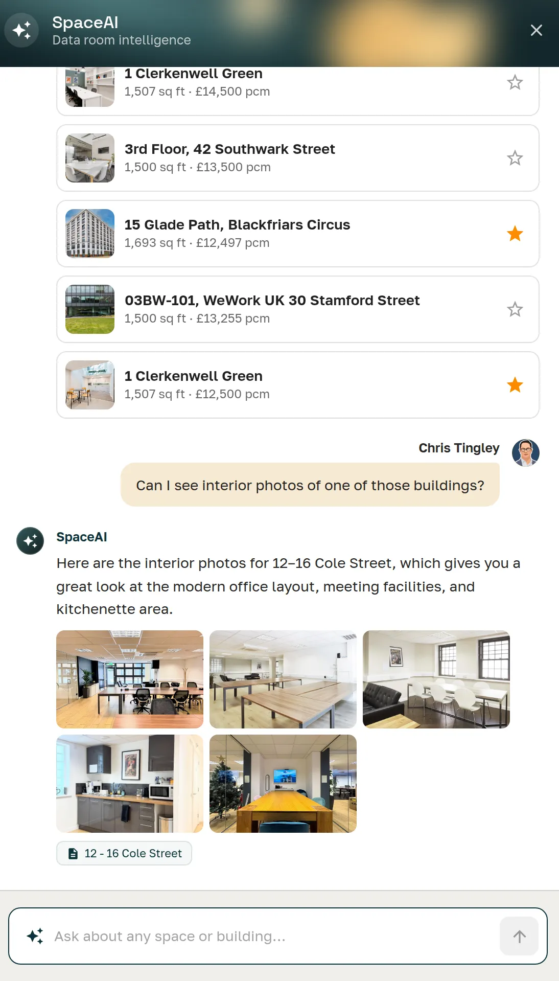 SpaceAI Portal assistant answering a question about workspace size with space result cards and an interior photo gallery