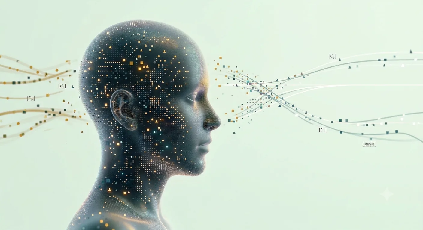 Profile of a figure rendered as a field of data points, with signal traces flowing in from the left and resolving into distinct paths on the right