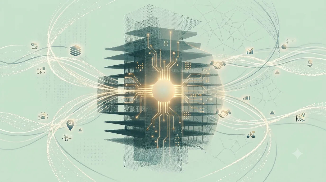 A translucent office building wired like a circuit board, with data streams converging on a single glowing hub and deal signals — handshakes, charts, currency, locations — flowing out to either side