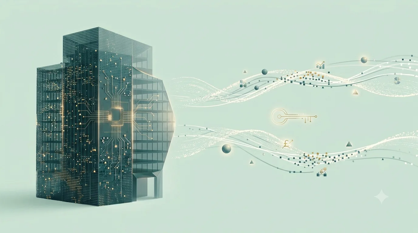 A circuit-lit office tower with data streams flowing out across the frame, carrying commission and growth symbols including a pound sign and a rising chart